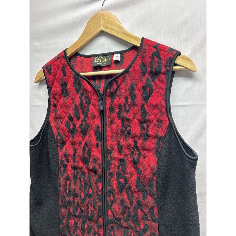 Bob Mackie Wearable Art Women’s Medium Red Black Leopard Full Zip Fleece Vest